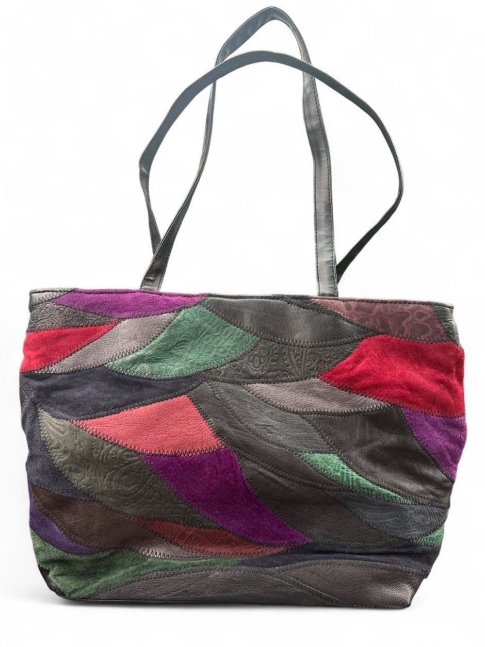 Vintage 90s Multi-Color Patchwork Genuine Leather & Suede Boho Tote Bag